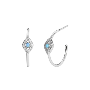 Detailed macro shot of S925 silver Evil Eye earrings featuring blue opal and tiny zircons