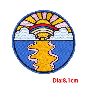 Round landscape embroidery patch with sun and rainbow design, 8.1cm diameter size
