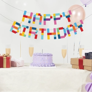 Colorful building block style Happy Birthday banner for children party wall decoration