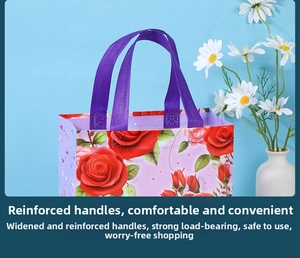 Detail of durable reinforced purple handles on floral non-woven Mother's Day gift bag