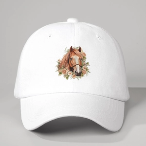 Detailed close-up of horse and flower print on white cotton adjustable baseball cap