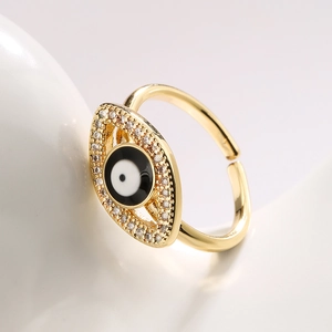 Adjustable gold evil eye open ring with zircon pavé setting and blue enamel inlay