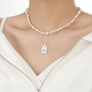Layered S925 silver necklace set with pearls and square textured pendant for women
