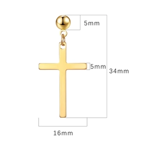 Minimalist gold titanium steel cross drop earrings with size measurements on white background
