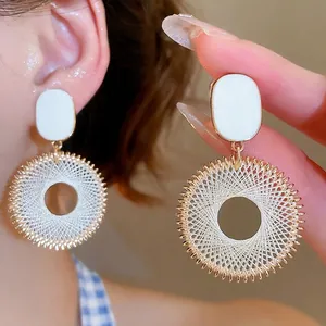 Dreamcatcher Woven Thread Hoop Drop Earrings Oval Top French Palace Style Copper 925 Sterling Silver Earring Post