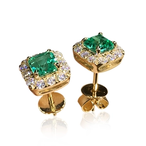 Elegant gold square stud earrings with emerald green zircon and halo diamonds
