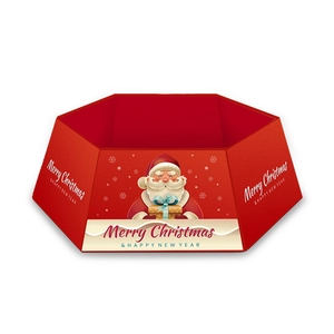 Red hexagonal Christmas tree collar featuring Santa Claus illustration and festive greetings