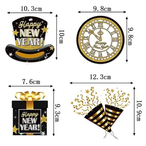 2026 New Year hanging ornaments set with size dimensions for clocks, hats, and gifts
