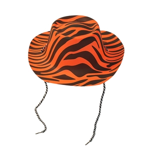 Detail of orange cowboy hat with black tiger stripes and adjustable windproof rope