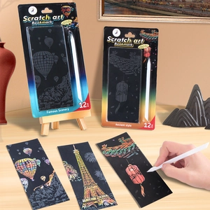 DIY 12-piece world city night scene scratch art bookmark set with bamboo stylus tool