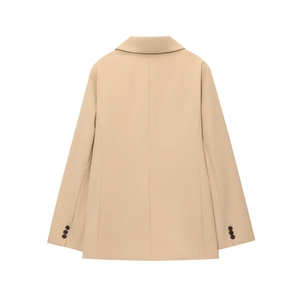 Rear view of a slim-fit khaki blazer for women with central seam and button cuffs