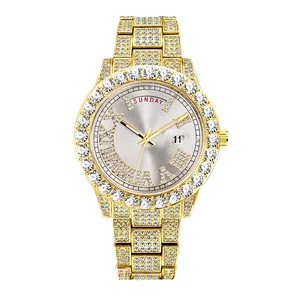 Men Quartz Watch Iced Out Full Diamond Gold Plated Metal Stainless Steel Clasp Day Date Waterproof Luxury Hip Hop