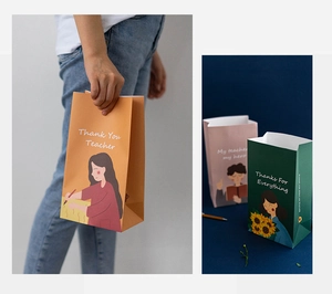 Detail of assorted colorful thick paper gift bags with cartoon teacher appreciation designs