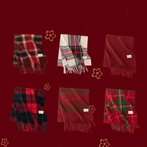 Checkered Scarf Imitated Cashmere Polyester Plaid Fringed Tassel Winter Christmas Warm Retro Soft Women