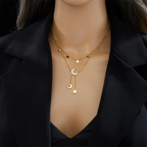 Double-layered titanium steel necklace featuring gold star and mother-of-pearl moon pendants