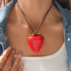 Strawberry Pendant Necklace Realistic Resin Fruit With Brown Leather Cord Vacation Style Handmade Unique For Women