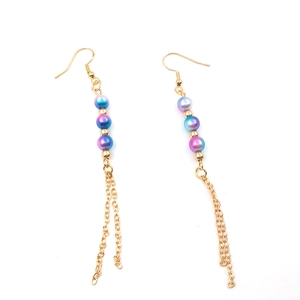 Gold long tassel earrings with blue-purple gradient beads and delicate hanging chains