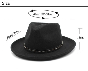 Size chart for black felt fedora hat with dimensions showing 57-58cm head circumference