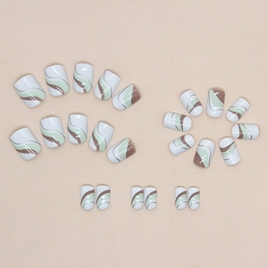 Faux ongles courts avec motifs de vagues vert et marron en lot de 24 pièces