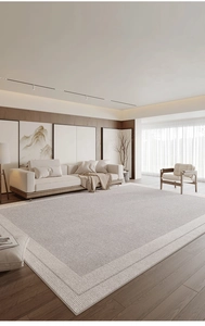 Detailed weave texture of minimalist light grey area rug in a modern living room