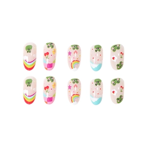 Set of 10 round press-on nails with cute cartoon frogs, rainbows, and cherry patterns