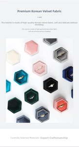 Macro view of colorful hexagonal Korean velvet jewelry boxes with soft ring slots