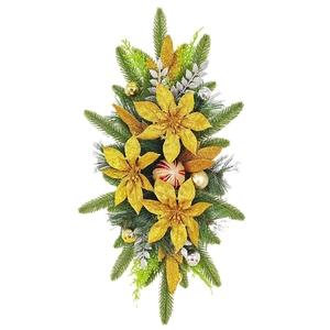 Christmas staircase garland with golden flowers and festive ornaments on white background