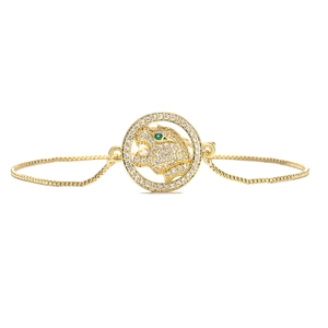 Detail of gold leopard bracelet with white zircons and adjustable slider box chain