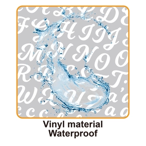 Macro shot of waterproof vinyl alphabet stickers showing water droplets on the surface