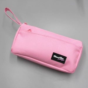 Pink large-capacity square pencil case with side handle and minimalist brand patch
