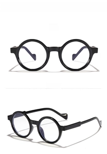 Front and side view of classic glossy black round frame fashion glasses on white background