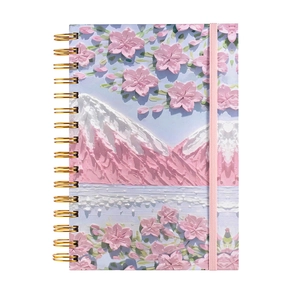 A5 spiral notebook with 3D embossed pink cherry blossoms and snowy mountain cover design