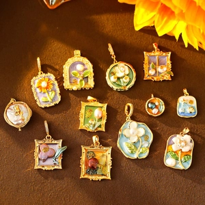 Vintage oil painting style gold pendants with baroque pearls and floral enamel details