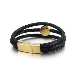 Three-layer braided black leather bracelet for men with polished gold magnetic clasp
