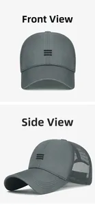 Front and side view of gray quick-dry baseball cap with mesh and embroidery