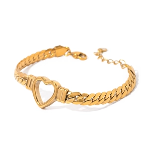 Flaches Schlangenkette-Armband aus 14K vergoldetem Edelstahl mit hohlem Herzanhänger