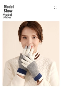 Close-up of knit wool gloves showing the thick ribbed cuffs and color-block gradient detail