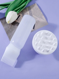 Detail of 6oz hair dye bottle with comb nozzle and 19-teeth silicone scalp massage brush