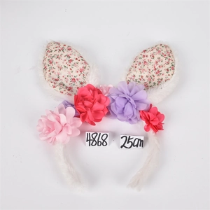 Floral bunny ear headband with pink, red, and purple silk flowers, measuring 25cm wide