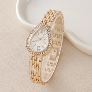 Detail of teardrop quartz watch with crystal bezel and rose gold metal link strap
