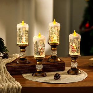 Christmas Decorative Water-Filled LED Candle Lamp With Santa Snowman Scene Floating Glitter Drifting Snow Vintage Gold Base Battery USB Powered Festive Gift Home Decoration