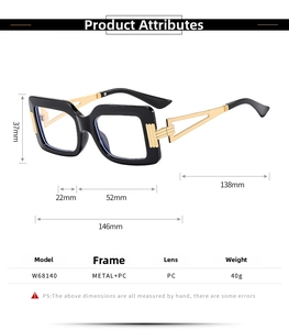 Detailed size chart for square frame glasses showing 146mm width and metal temple specs