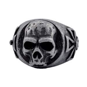Gothic skull ring for men with cross patterns in an antique silver metal finish