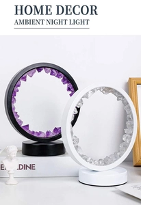 Detail of round amethyst and clear crystal cluster night lights with USB base decor