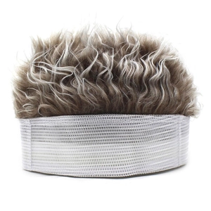 Detail of the brown wig cap featuring a textured curly top and white mesh elastic band