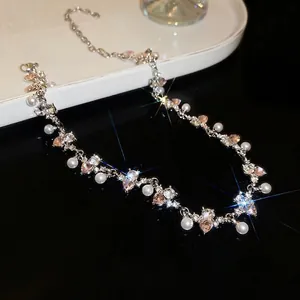 French vintage pearl necklace with pink heart crystals and silver chain for women