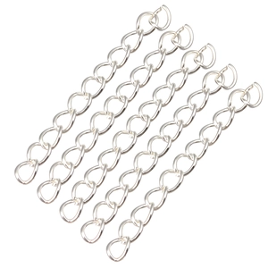 Detail showing 5cm silver-toned metal extension chains with polished figure-eight links