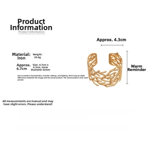 Detailed dimensions of gold open cuff bracelet with branch texture made of iron