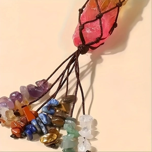 Handmade chakra crystal car hanging with pink raw stone in a brown woven net bag