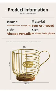 Detail of golden iron wire coffee pod basket with wooden base and dimensions